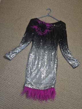 Sequin Ombre Black to Silver Dress with Purple Feather Trim - Backless Dress